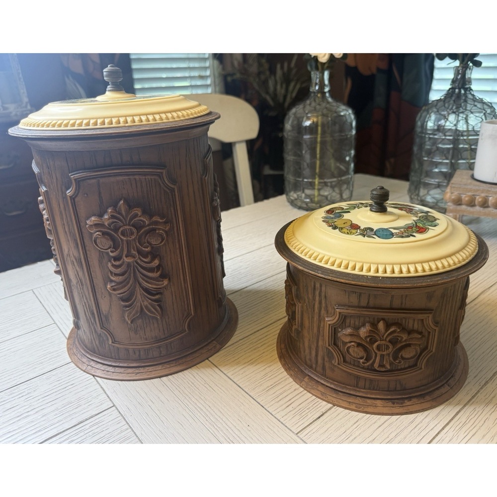 Set Of 2 VIntage Vistron Faux Wood Molded Plastic Canisters with Lids. Mushrooms